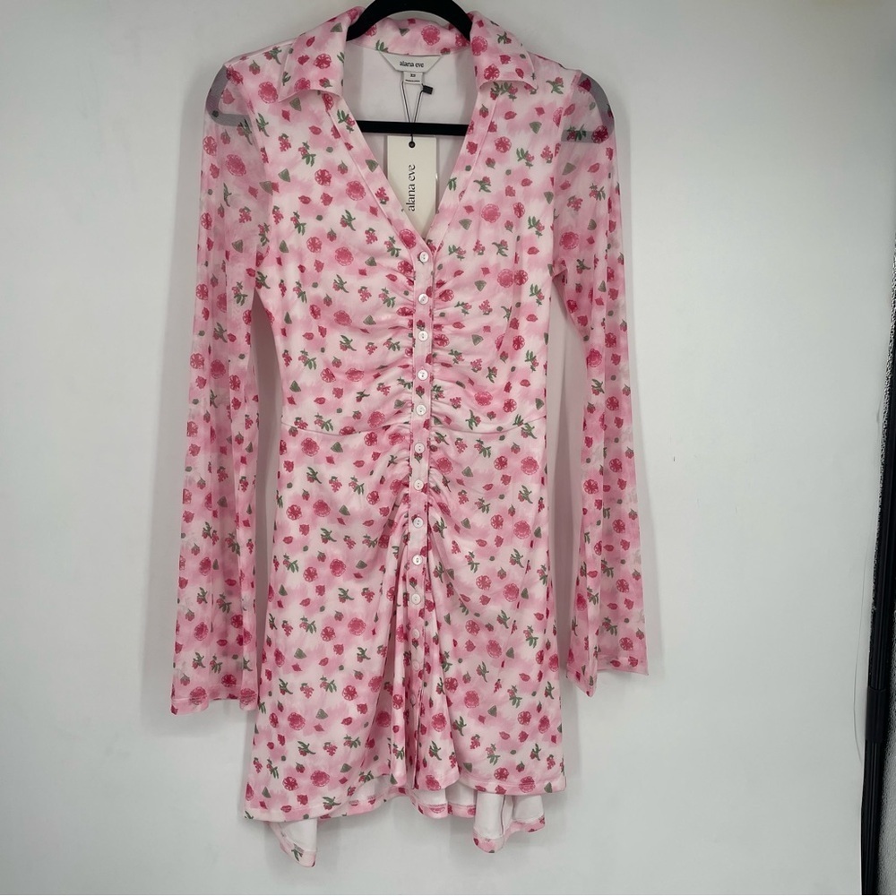 NEW Alana Eve XS Sheer Angel Sleeve Button Mini Dress Ditsy Pink Coquette